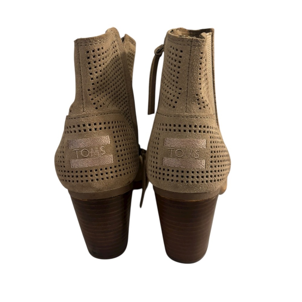 TOMS Women's Majorca Boots Size W8 Block Heel Open Toe Taupe Suede Boho Bootie - Picture 4 of 7